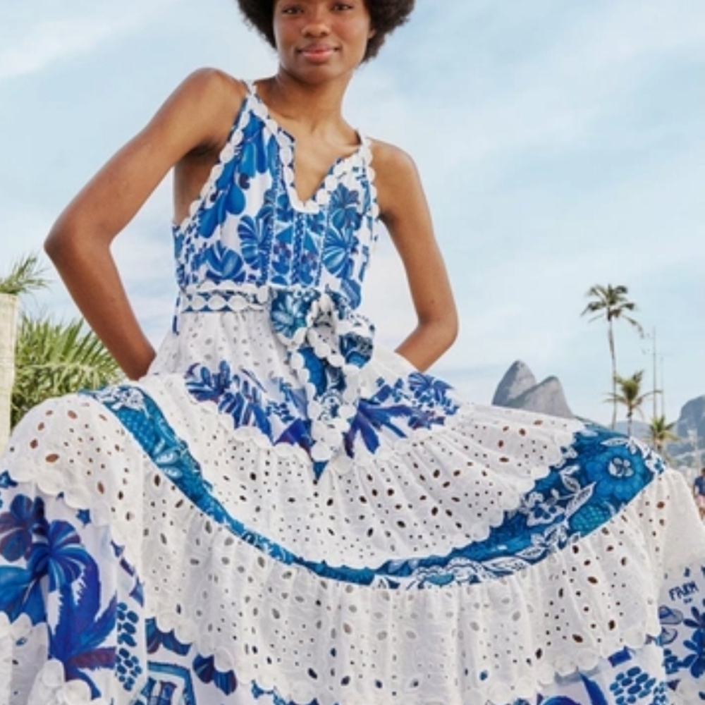 NWOT FARM Rio Blue and White Eyelet Maxi Dress